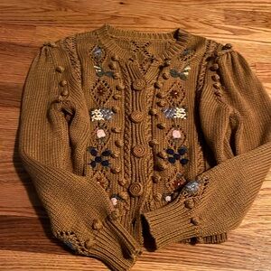 Mustard yellow cotton wool puff sleeve embroidered cardigan